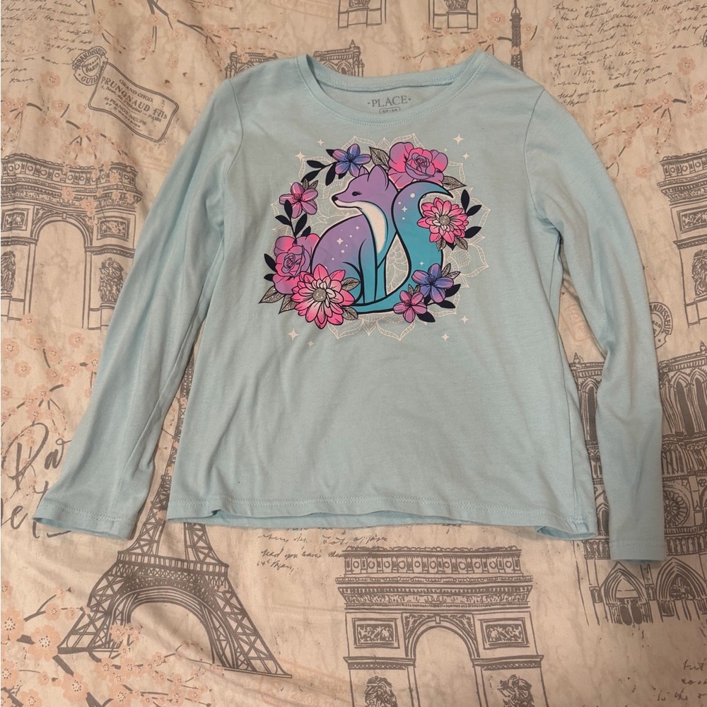The Children's Place Pale Blue Fox & Floral Long Sleeve Tee size S 5-6